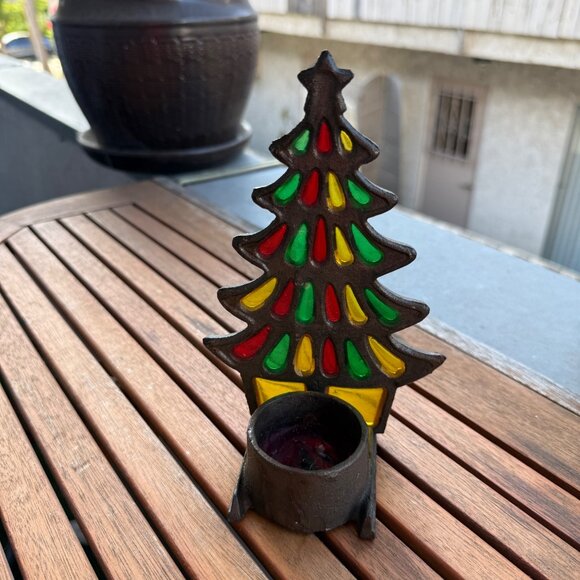 Vintage Cast Iron Stained Glass Christmas Tree Votive Candle Holder - Picture 2 of 5